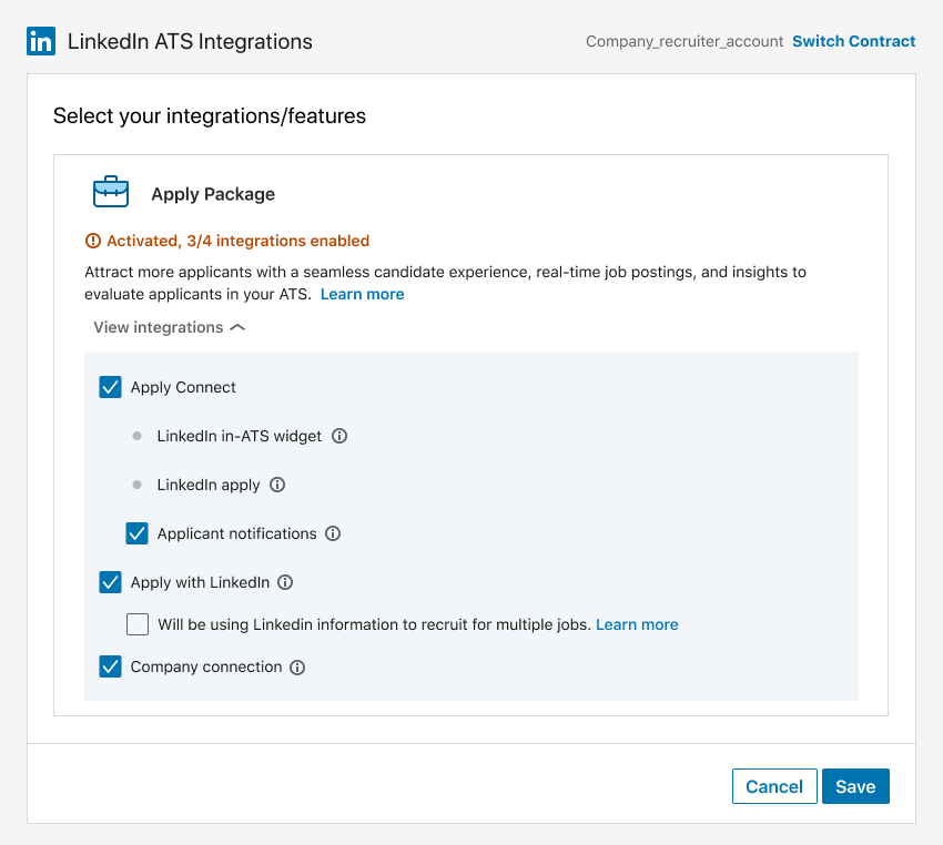A rejected exploration: the Apply Package configuration with every option — Apply Connect, LinkedIn in-ATS widget, LinkedIn apply, Applicant notifications, Apply with LinkedIn, Company connection — grouped into one shared shaded section, each with a small info icon.