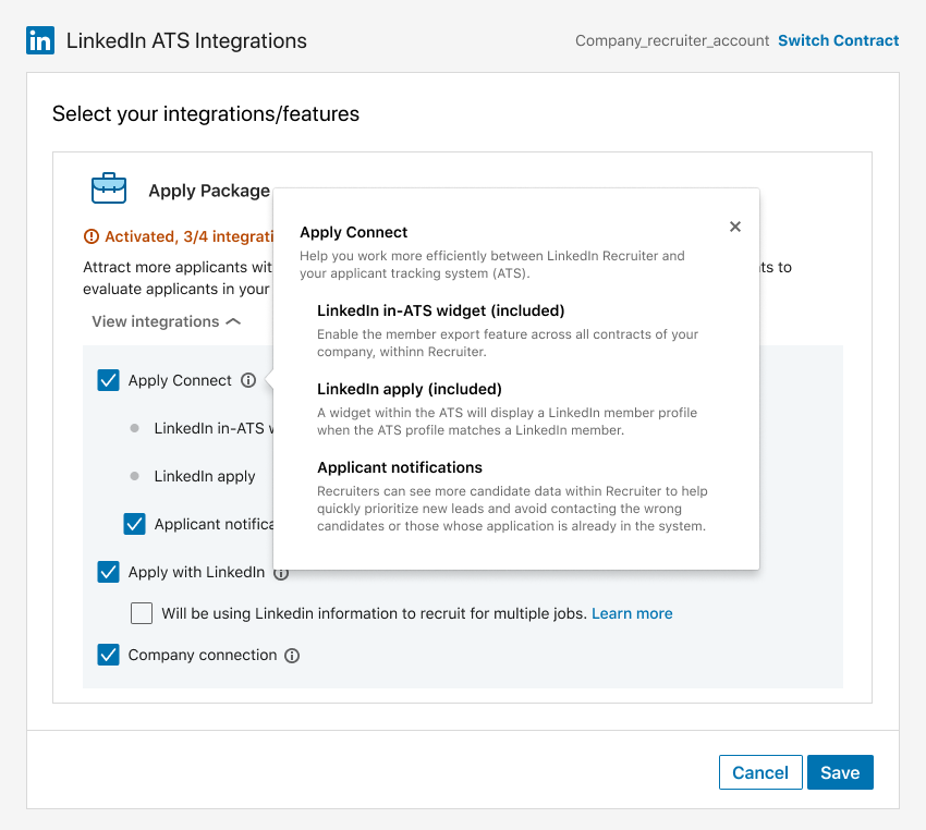 The same rejected direction with a tooltip popover open, showing the Apply Connect feature descriptions in a floating panel that appears only on hover or click.