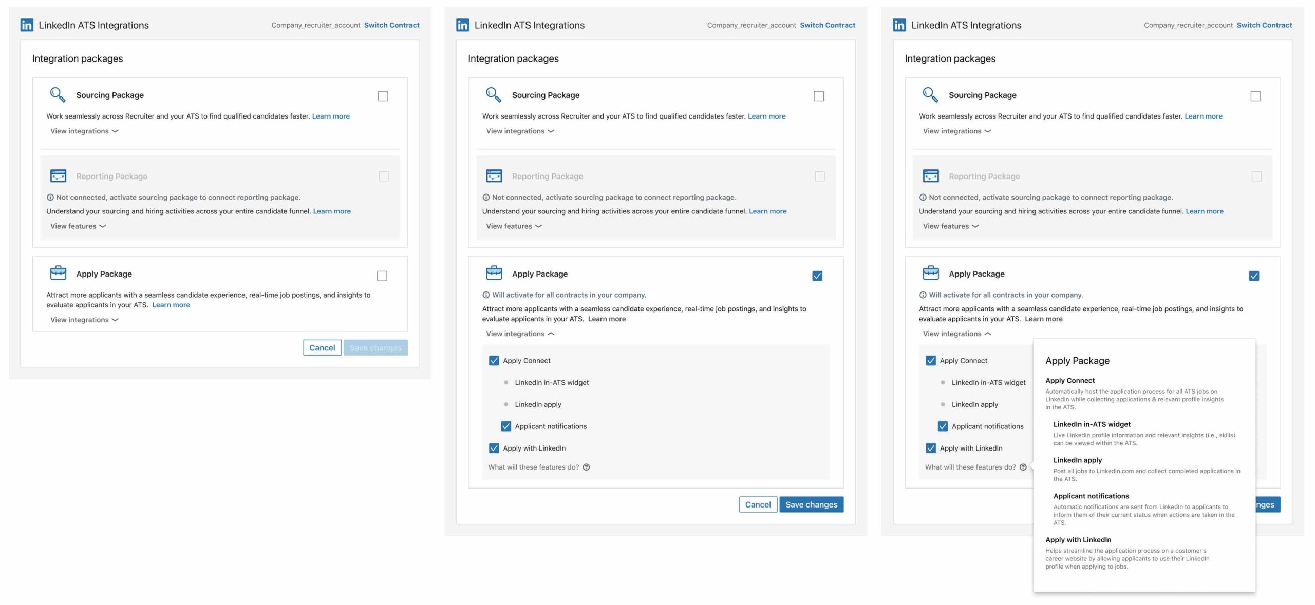 The LinkedIn ATS Integrations setup screen — integration packages an admin selects to enable Apply Connect.