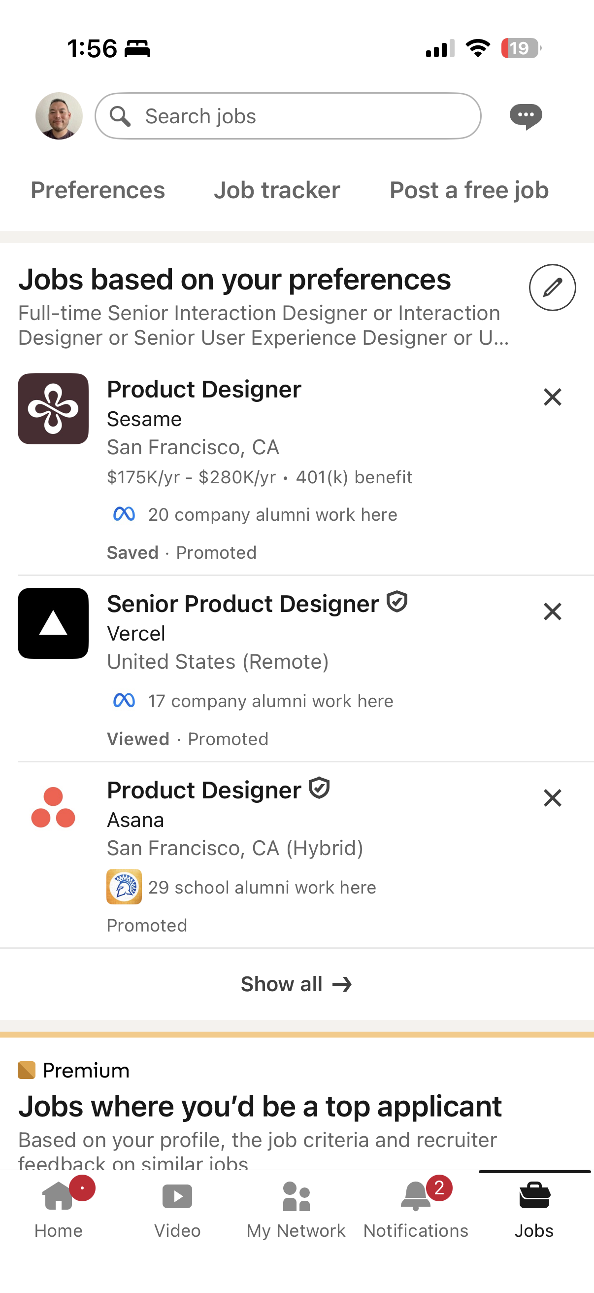 The LinkedIn Jobs tab before Collections: a search bar at top, then 'Jobs based on your preferences' and 'Jobs where you'd be a top applicant' — a search- and recommendation-driven experience with no way to browse by theme.