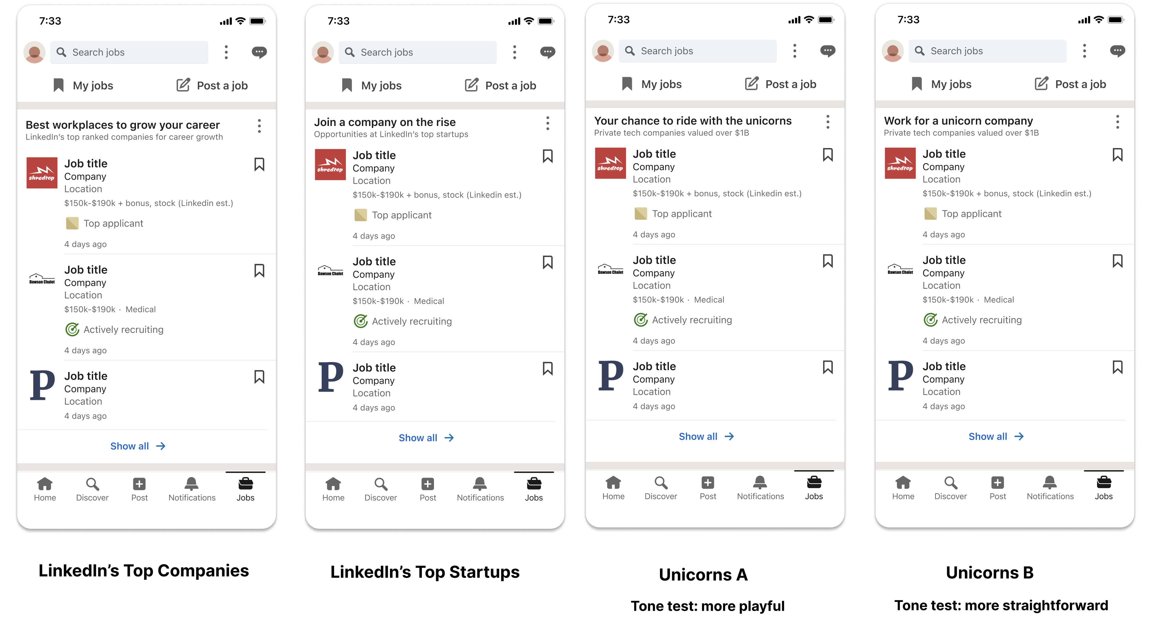 Four phone mockups testing collection copy: 'LinkedIn's Top Companies,' 'LinkedIn's Top Startups,' and two versions of a Unicorns collection — 'Unicorns A' with a more playful headline ('Your chance to ride with the unicorns') and 'Unicorns B' with a more straightforward one ('Work for a unicorn company').