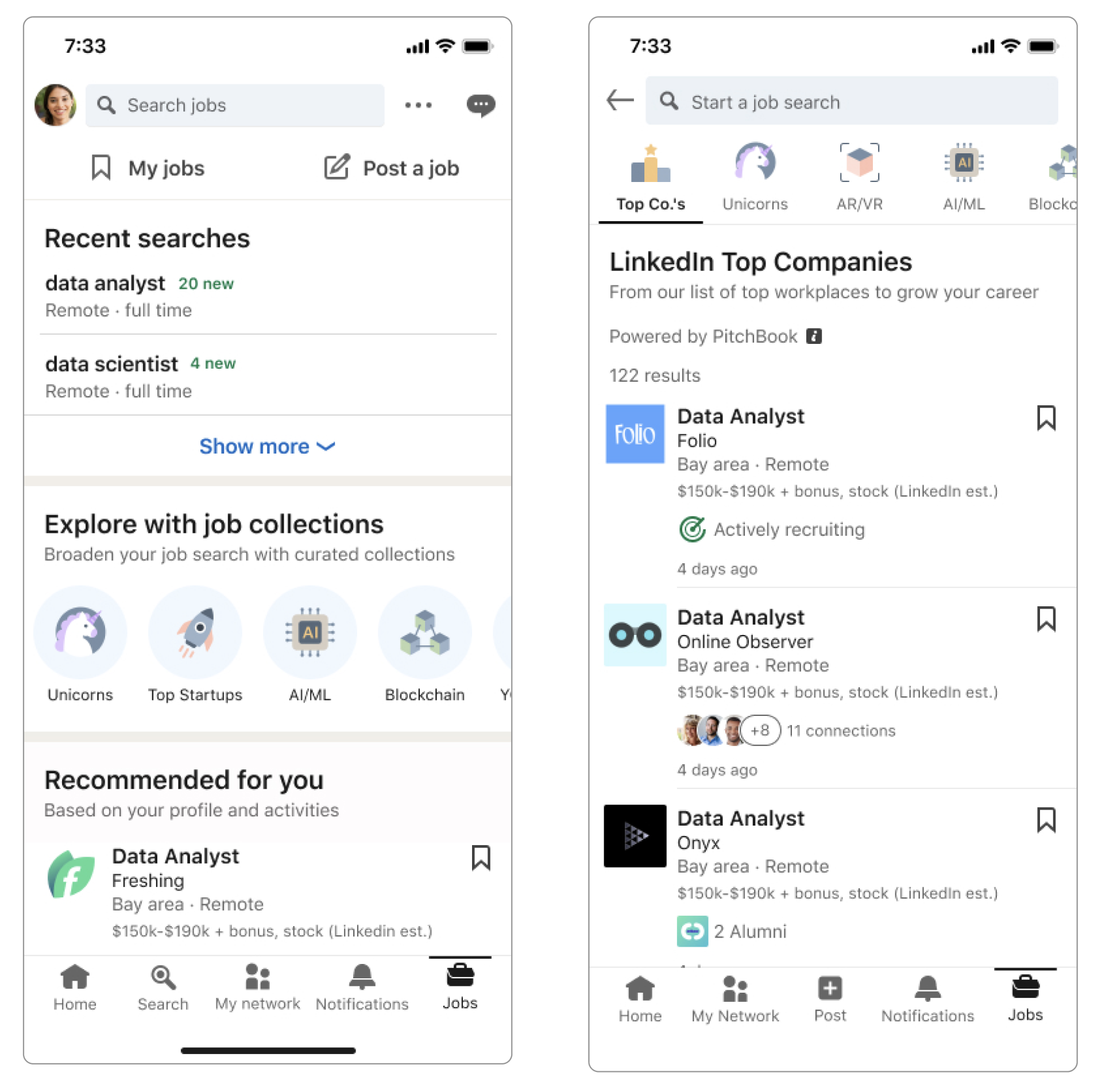 The shipped Collections design — an 'Explore with job collections' row on the LinkedIn Jobs tab.