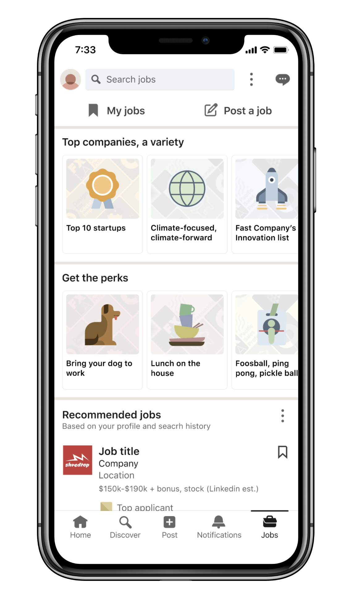 An early Collections prototype on the Jobs home, with collections shown as large, detailed illustrated cards grouped under themes like 'Top companies, a variety' and 'Get the perks' — visually busy, with imagery competing with the content.