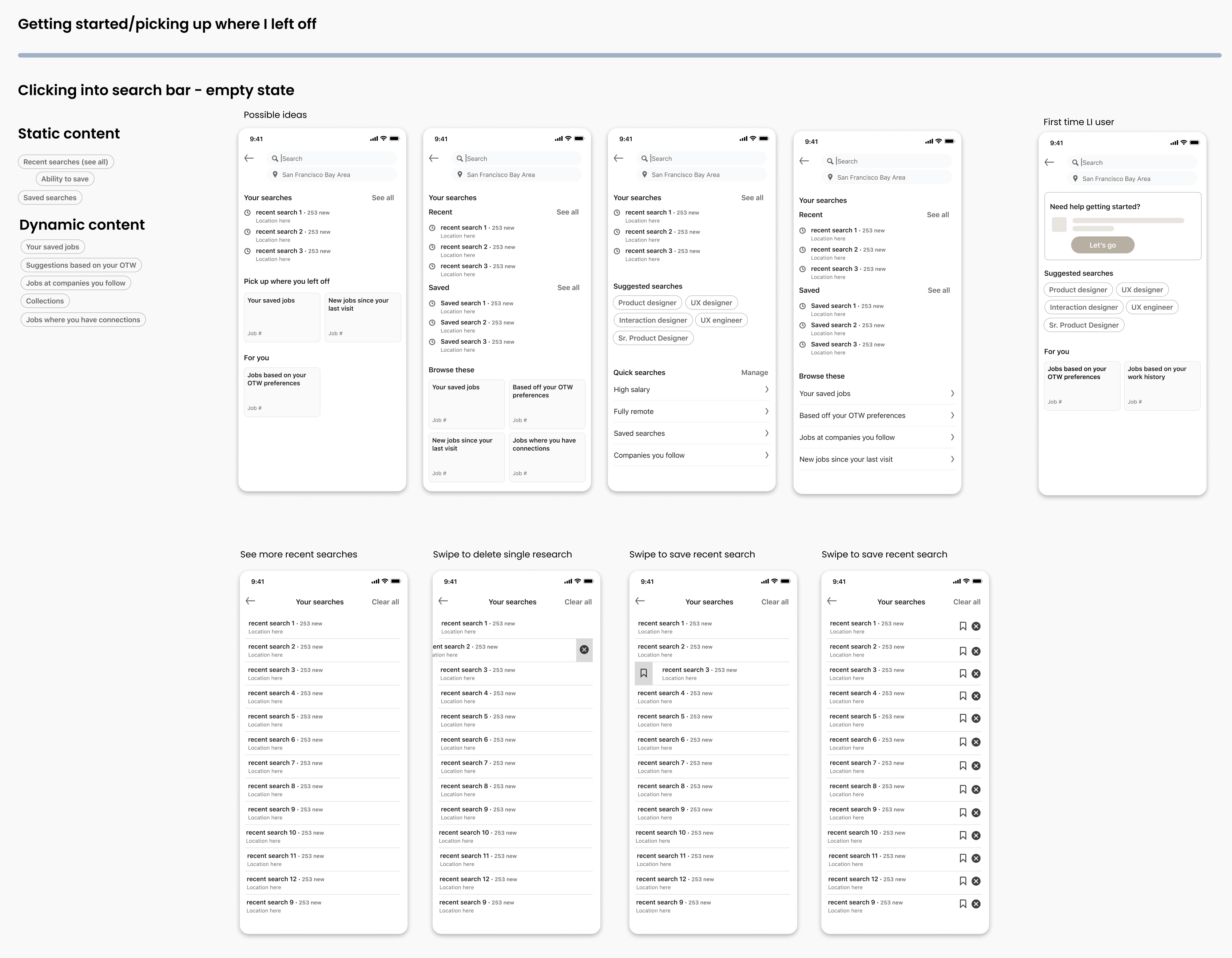 Articulation explorations for the search-bar empty state: four candidate layouts arranging recent, saved, and suggested searches and browse entry points, plus a first-time-user variant.