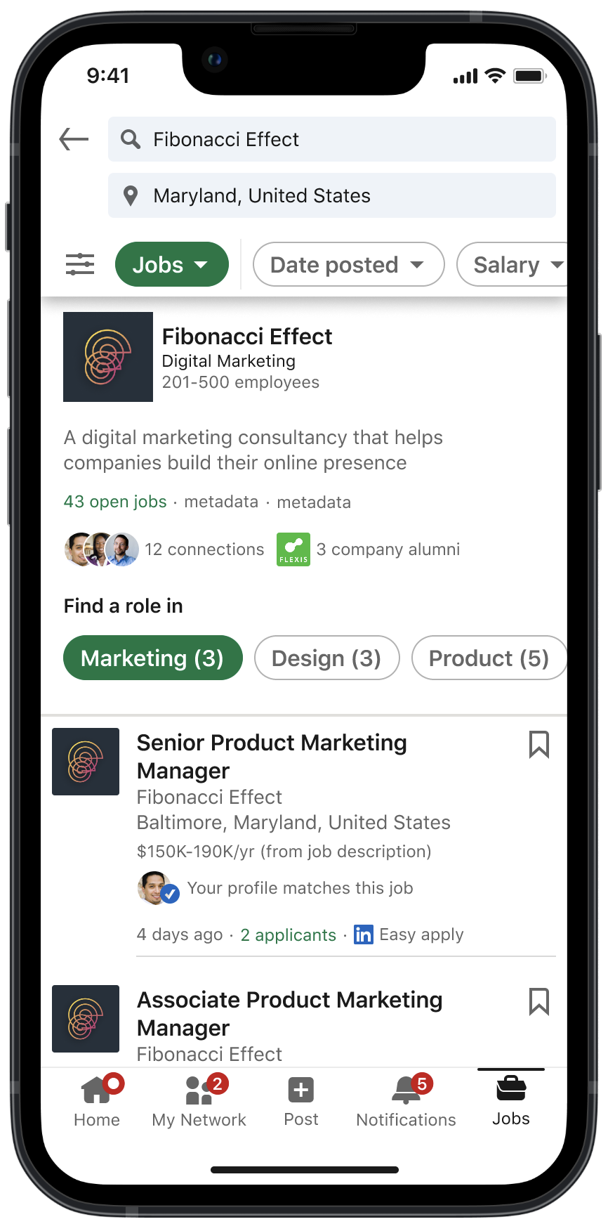 Company search results: a company-first view with the company header, size, and who you know there, and a 'Find a role in' section with roles grouped by function and counted.