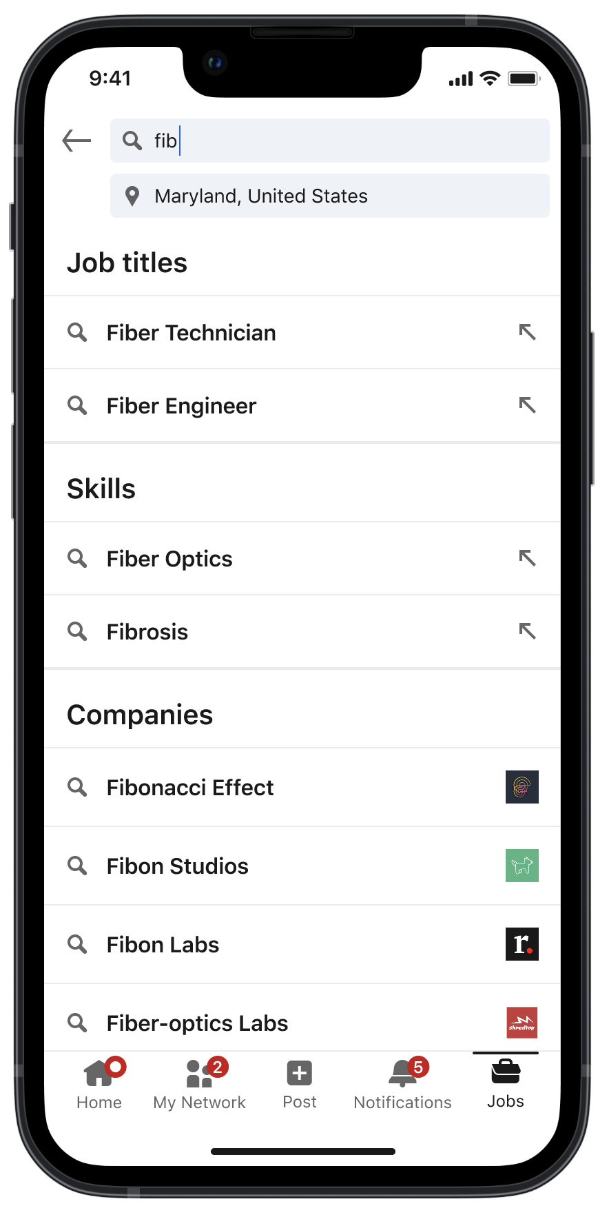 Company search typeahead: the search bar disambiguates a query across three groups — Job titles, Skills, and Companies — instead of assuming the query is a job title.