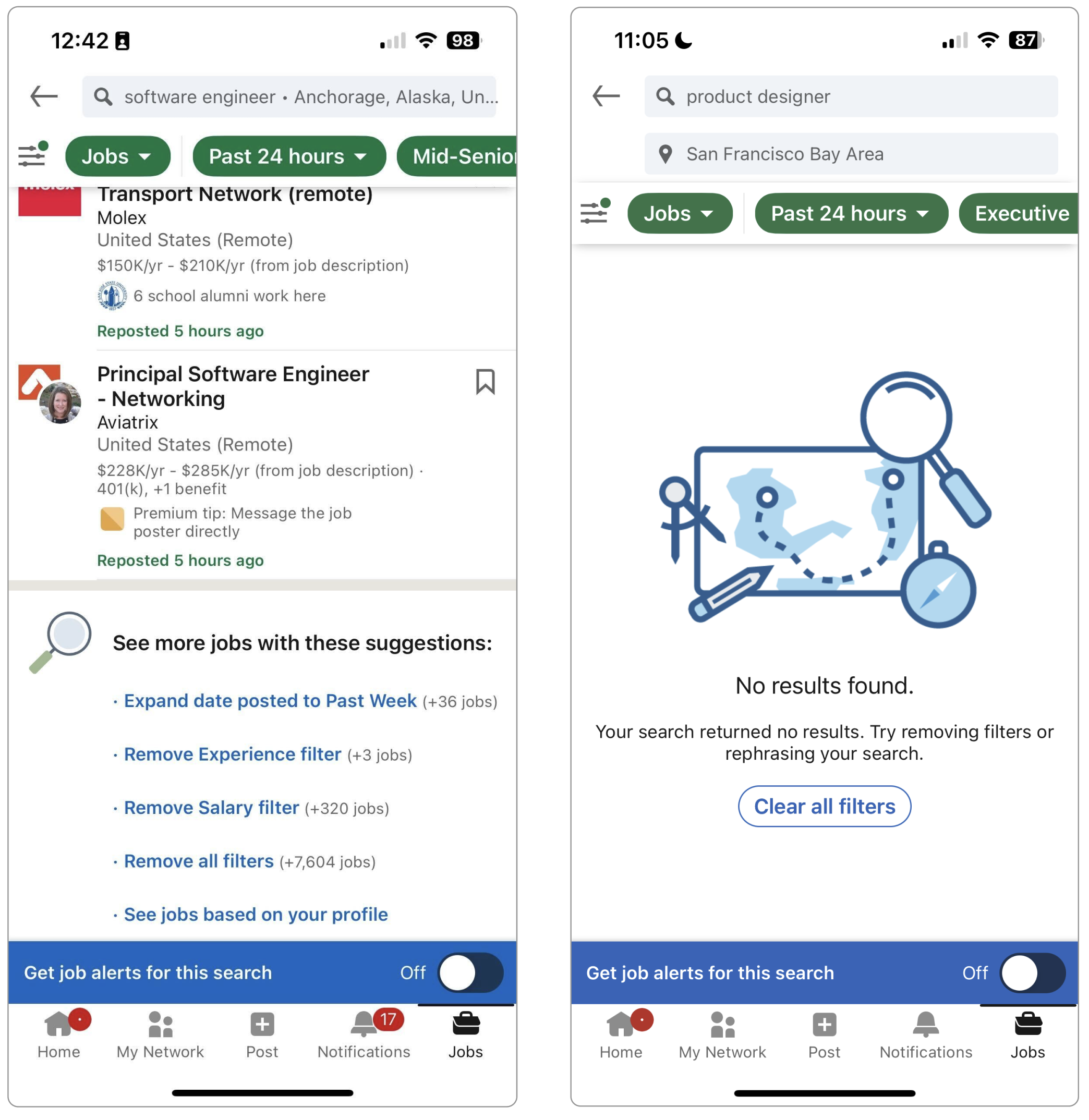Two current screens: the end-of-results state offering a list of filter edits (remove salary, expand location, clear all filters), and the no-results state with an illustration, 'try removing filters or rephrasing your search,' and a Clear all filters button.