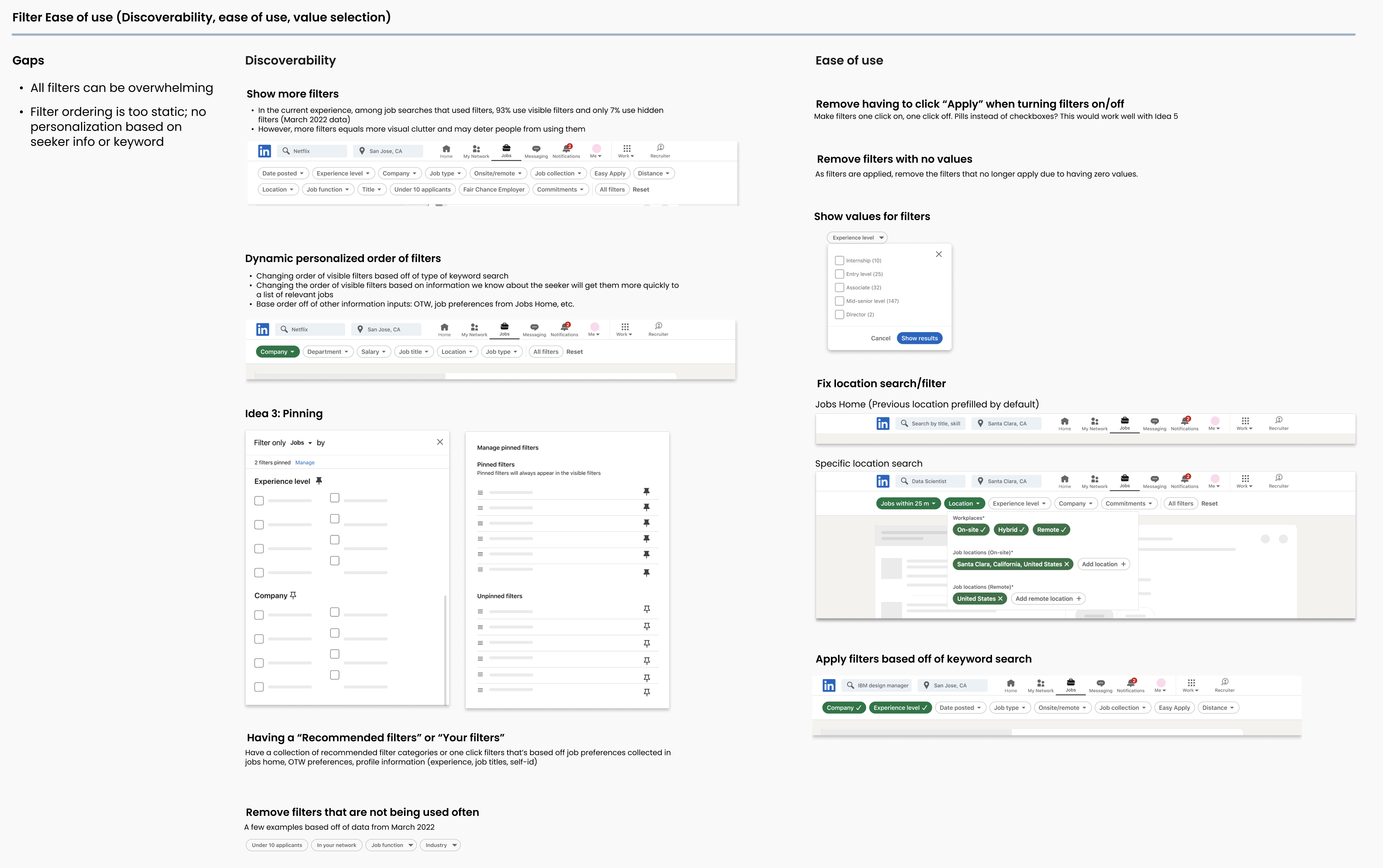 The filter ease-of-use working board: the current gaps, a discoverability pass, and an ease-of-use pass, including the 93% / 7% visible-versus-hidden filter usage data and the two ideas that carried forward — dynamic personalized filter ordering and a 'Recommended filters' set.