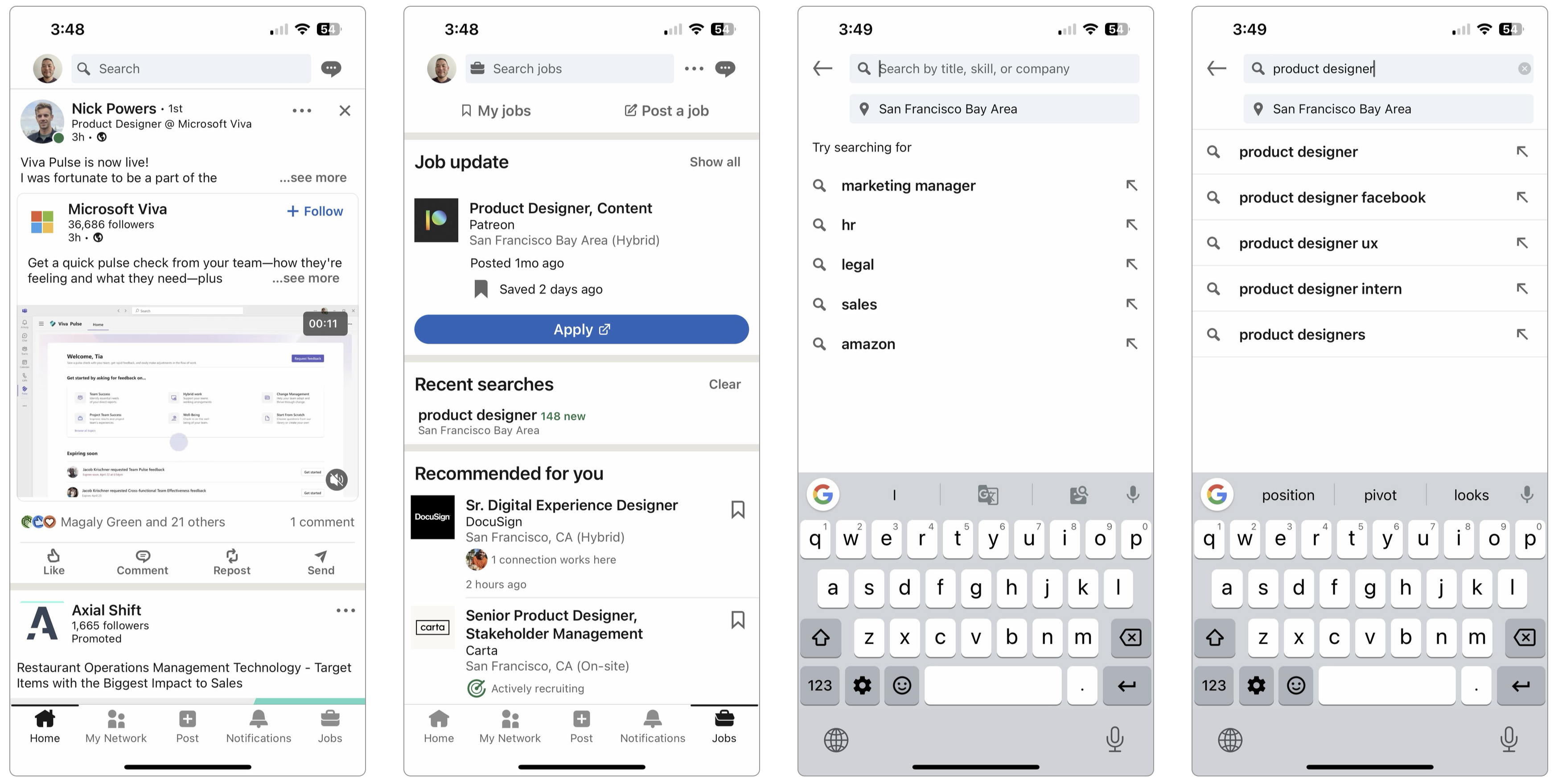 The current LinkedIn job search flow across four phones: the Home feed, tapping into the Jobs tab, tapping the 'Search jobs' field, and typing a job title into the search bar.