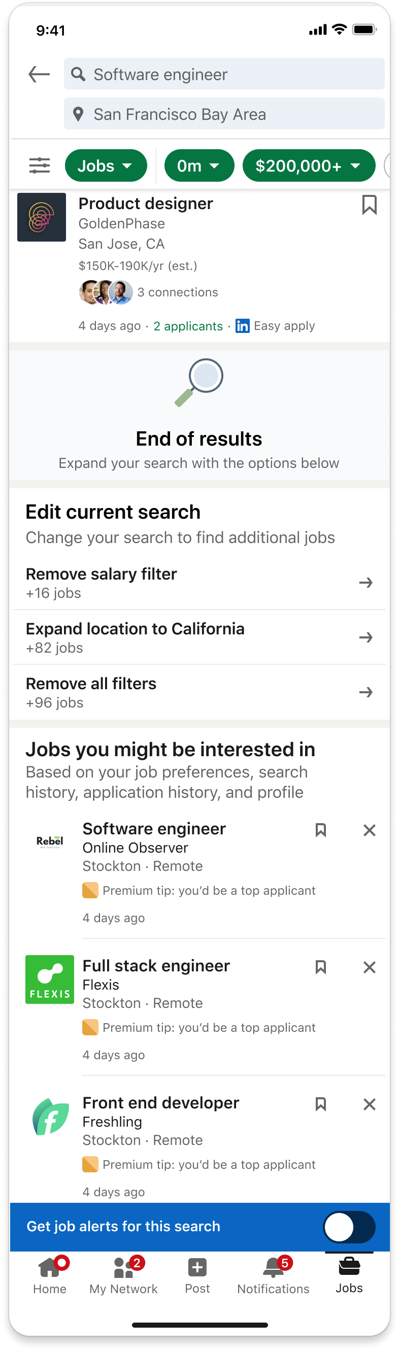 Phase 1: the end-of-results screen stays close to today's experience — links that adjust the search parameters and reload results.