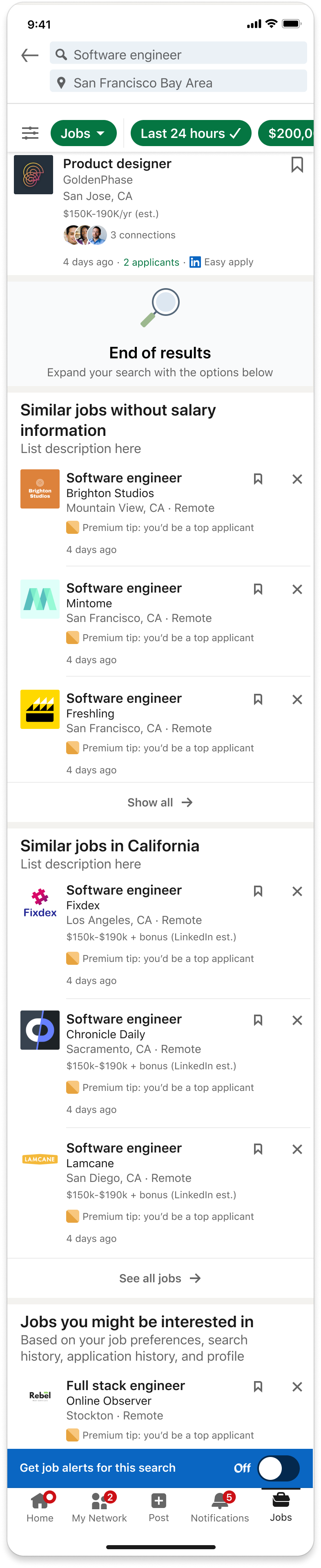 Phase 2: the same parameter adjustments, now shown with three-job previews and a link through to the rest.
