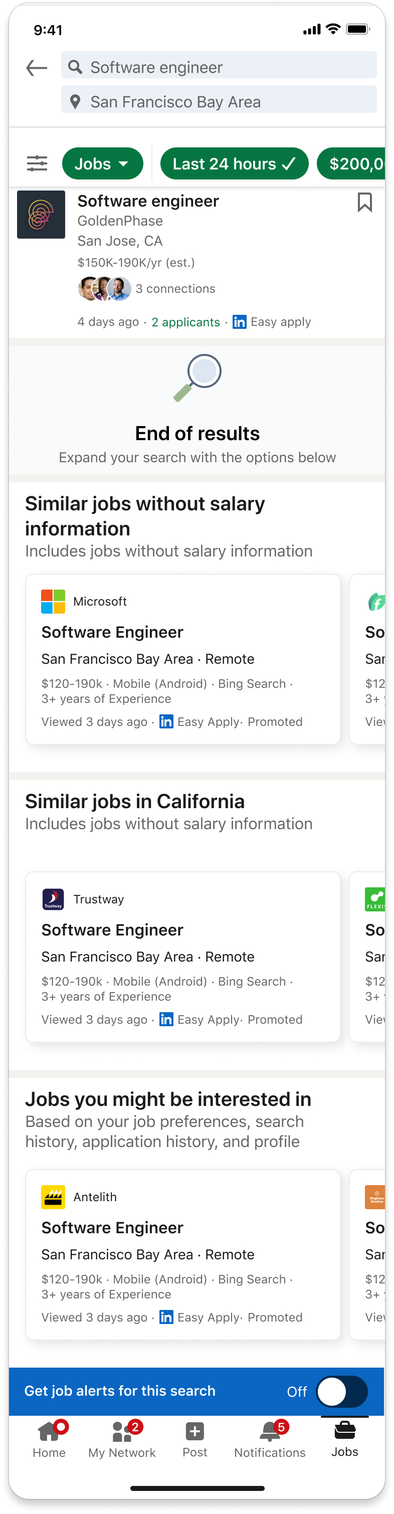 Phase 3: the job cards move into horizontal carousels to conserve vertical space.
