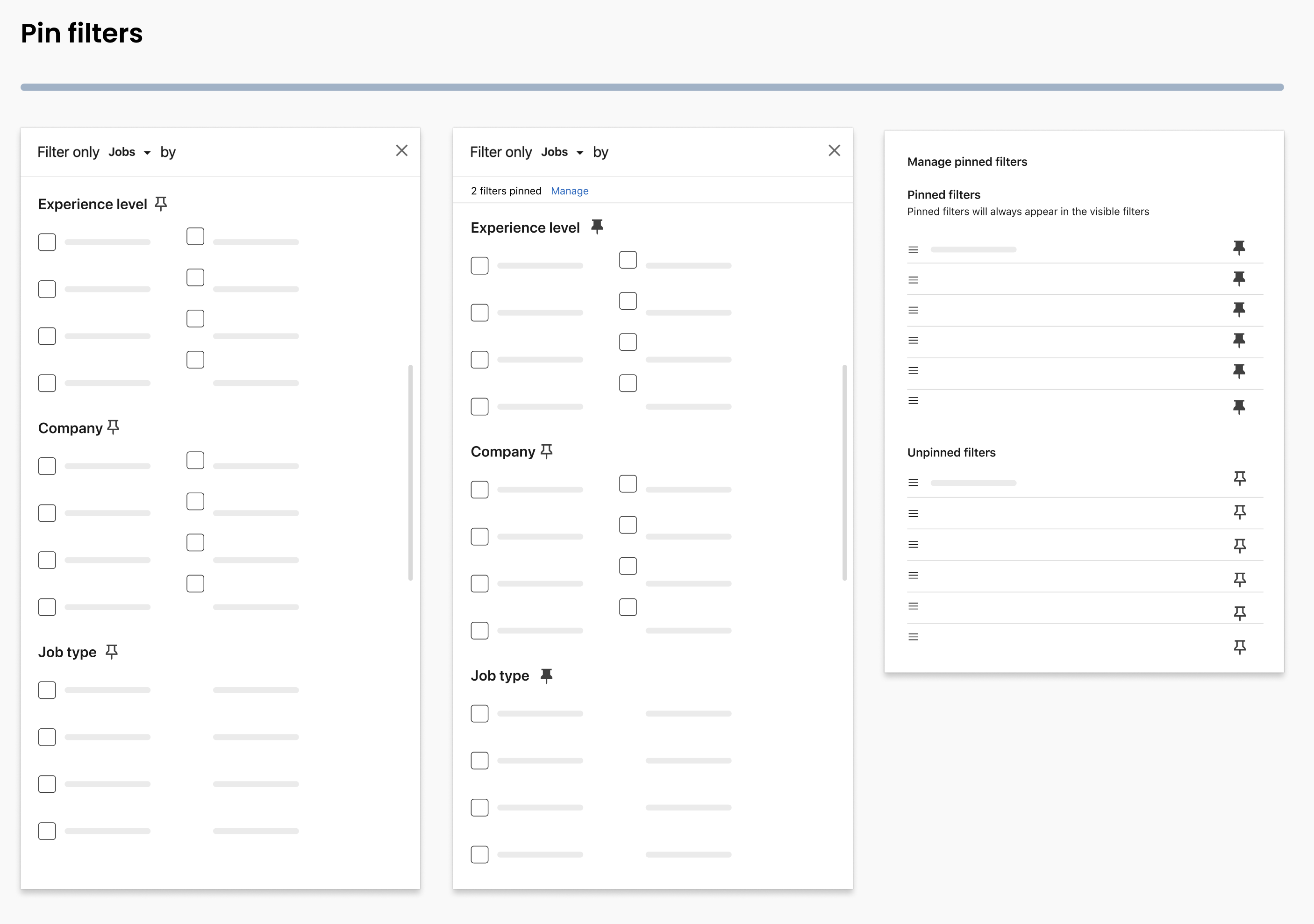 Refinement exploration board: pinning a seeker's most-used filters so they stay visible, plus a surface to manage pinned filters.