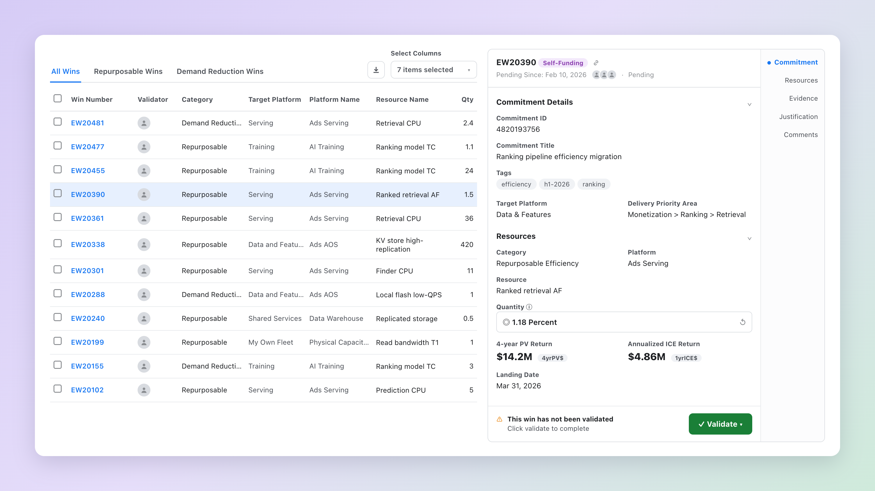 A cropped detail of the Efficiency Validations Page — the validator's queue of pending wins beside a Commitment Details panel with a Validate button, on a soft gradient.