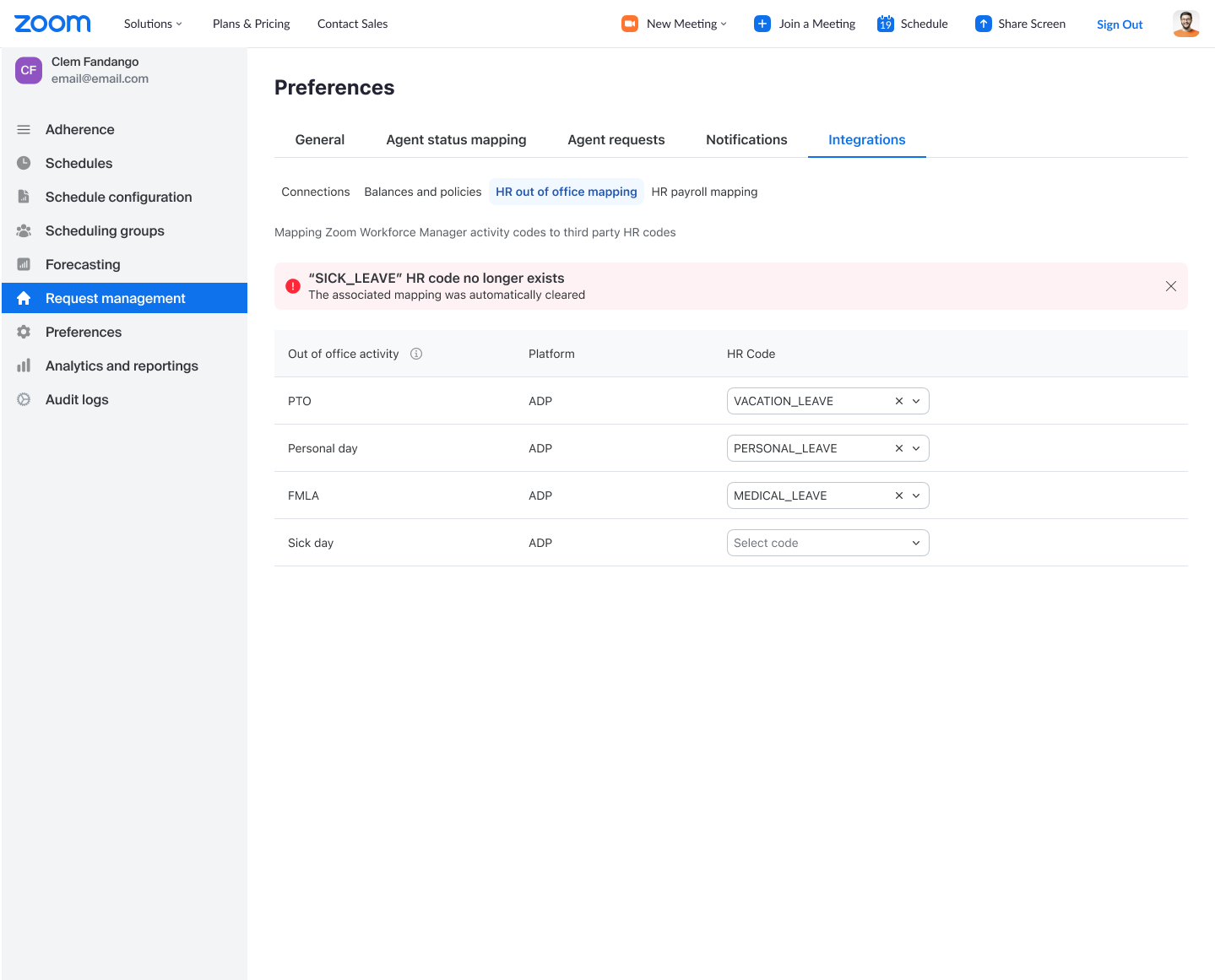 The same mapping page with a banner reading &ldquo;SICK_LEAVE&rdquo; HR code no longer exists. The associated mapping was automatically cleared — the Sick day row remains with its HR Code field reset to &ldquo;Select code.&rdquo;