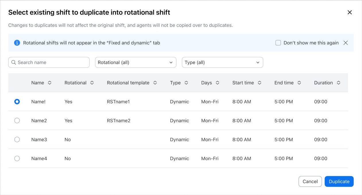 The 'Select existing shift to duplicate into rotational shift' modal. Its subtitle reads: 'Changes to duplicates will not affect the original shift, and agents will not be copied over to duplicates.' Below it, a filterable table of shifts with one selected and a Duplicate button.