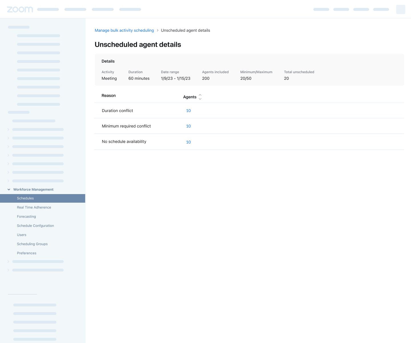 The 'Unscheduled agent details' screen from flexible bulk scheduling: the count of agents that couldn't be scheduled is broken into categorized reasons — available default time can't accommodate the activity duration, the minimum requested agents can't be honored, and no schedule or out of office — each expandable to the agents it applies to.