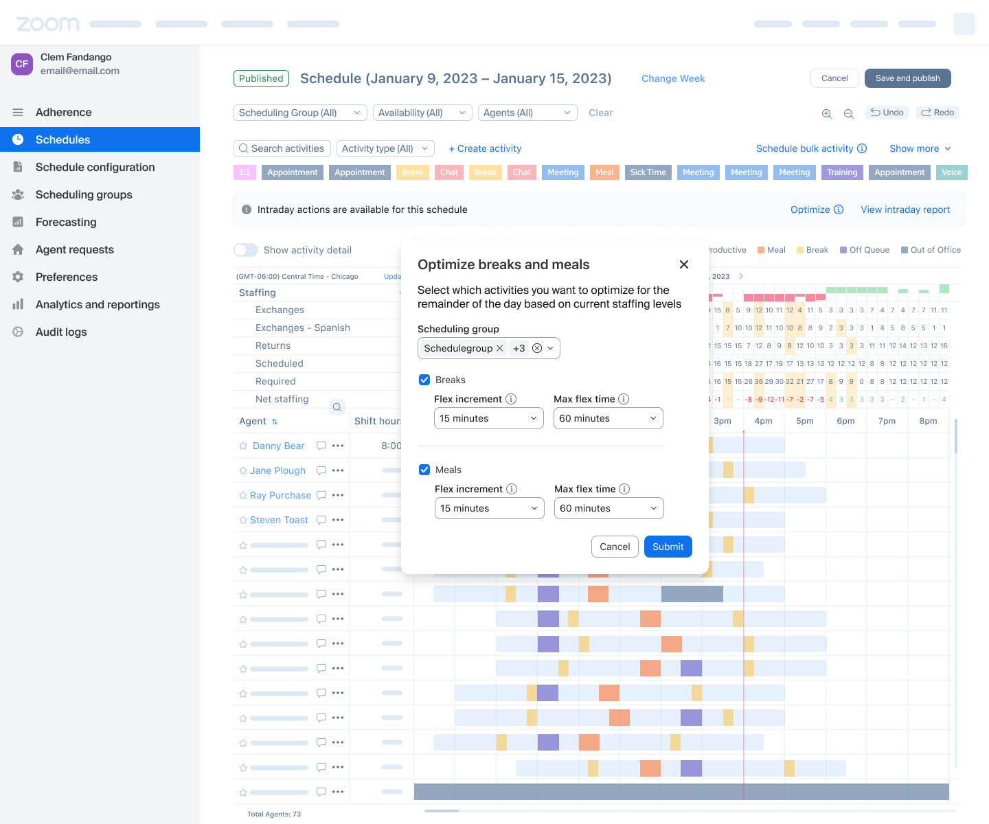 The 'Optimize breaks and meals' modal: scheduling-group scope pre-filled with the reforecasted groups, independent toggles for breaks and meals, and flex-increment and max-flex-time settings for each type, each with a tooltip defining what it governs.