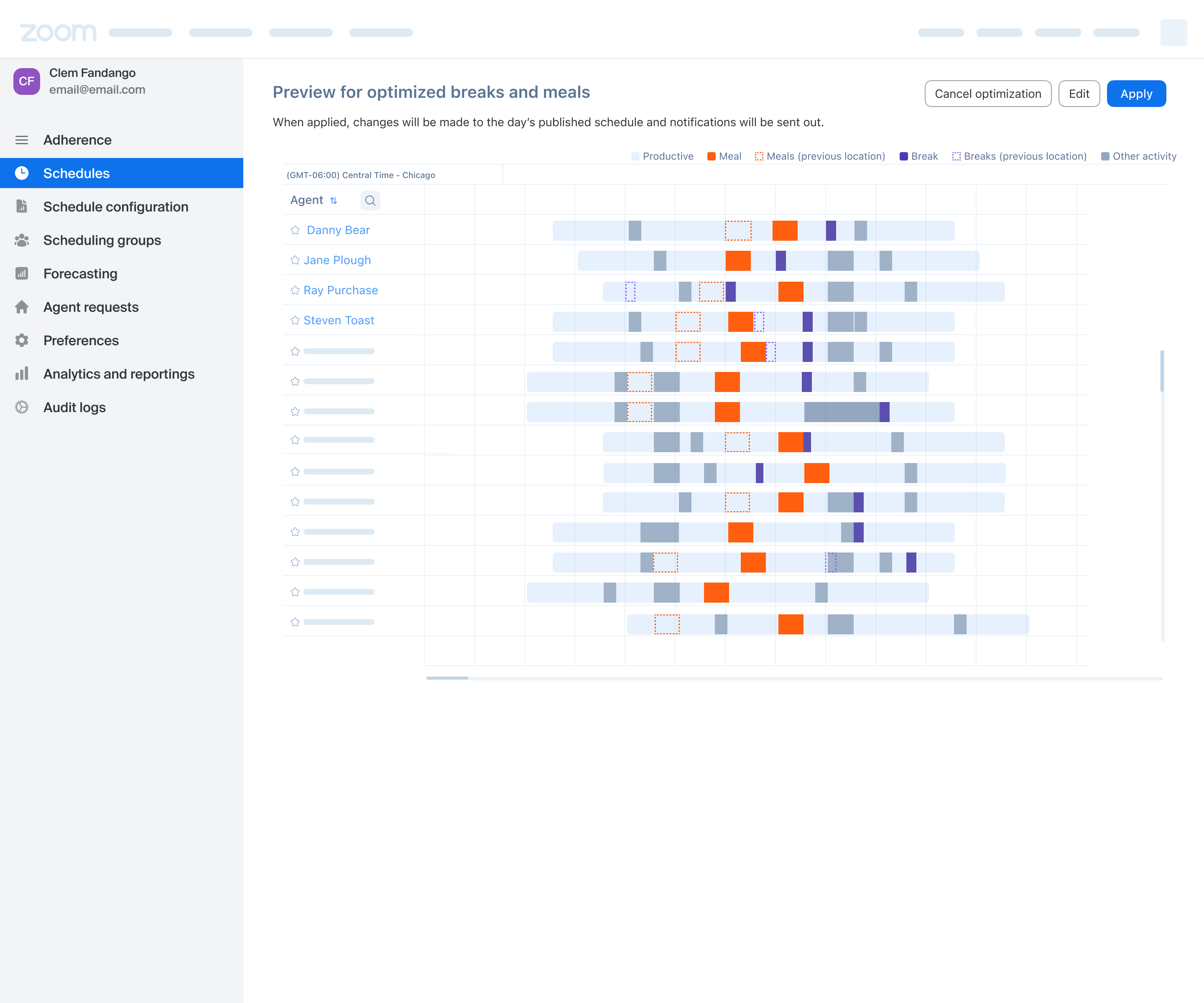 A preview of optimized breaks and meals drawn on the real schedule: new positions filled in solid and previous positions shown as dotted outlines in the same activity color, with agents whose breaks didn't change still shown.